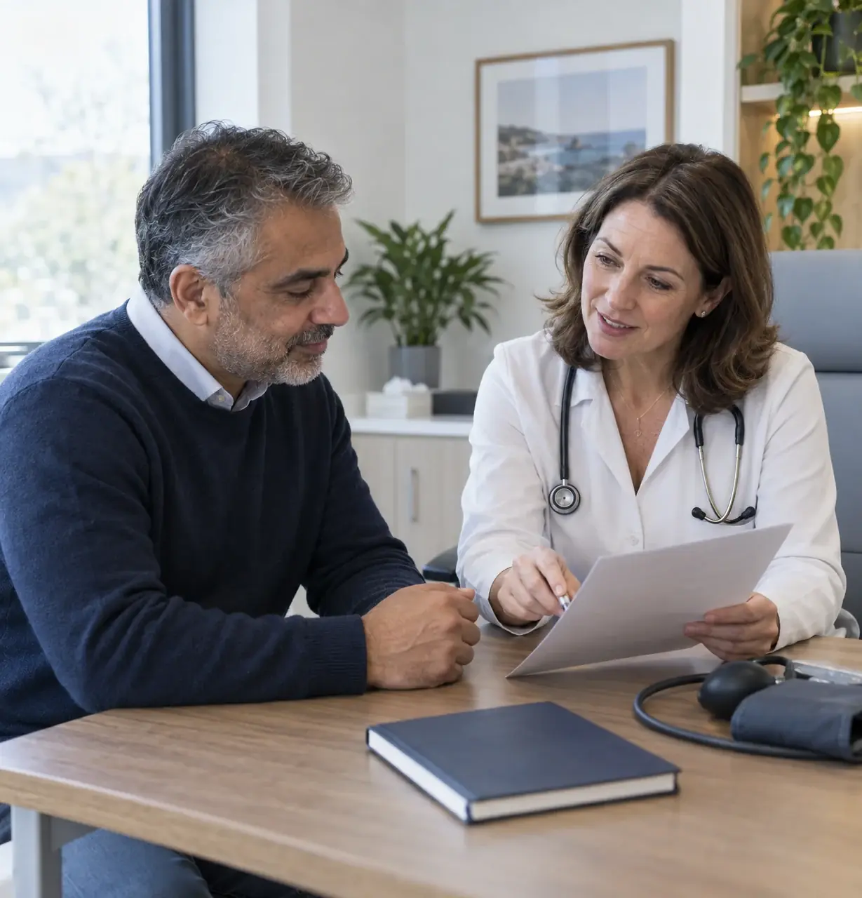 A patient and GP discussing an ongoing care plan in a consultation room