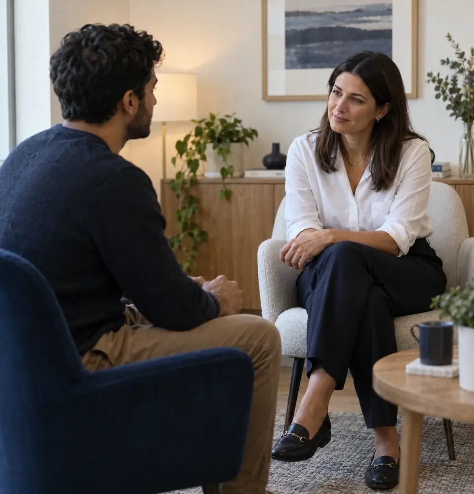 An adult speaking privately with a GP in a quiet consultation room