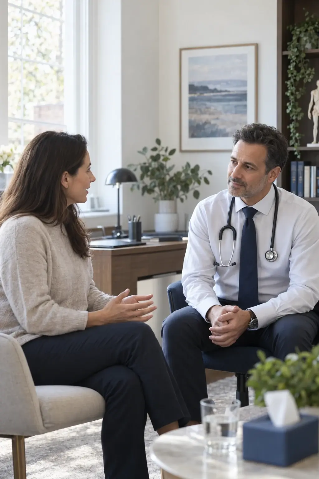 A doctor discussing health information with a patient in a calm consultation