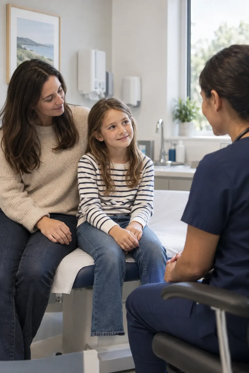 A parent and child speaking with a GP in a calm consultation room