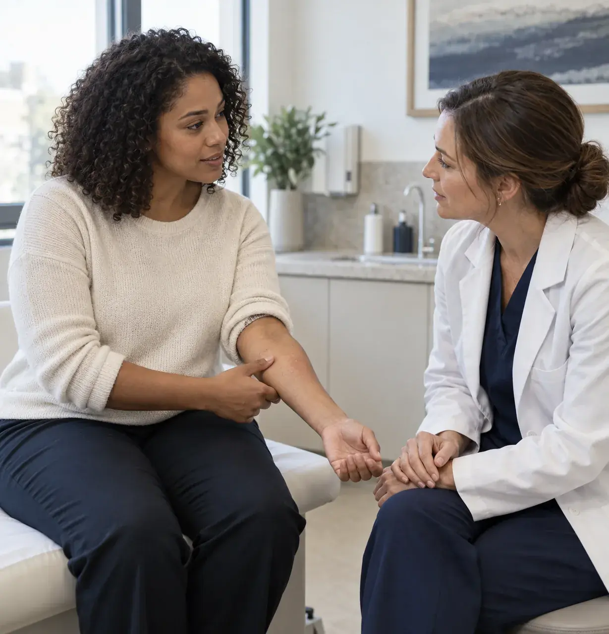 A patient discussing a skin concern with a GP in a bright consultation room