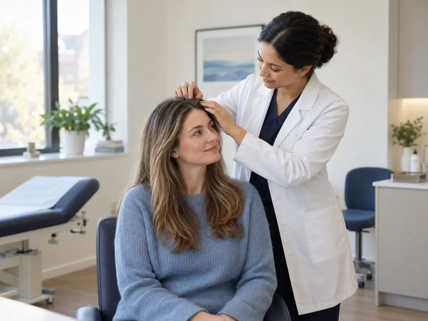 A GP examining an adult patient's hair and scalp during a consultation